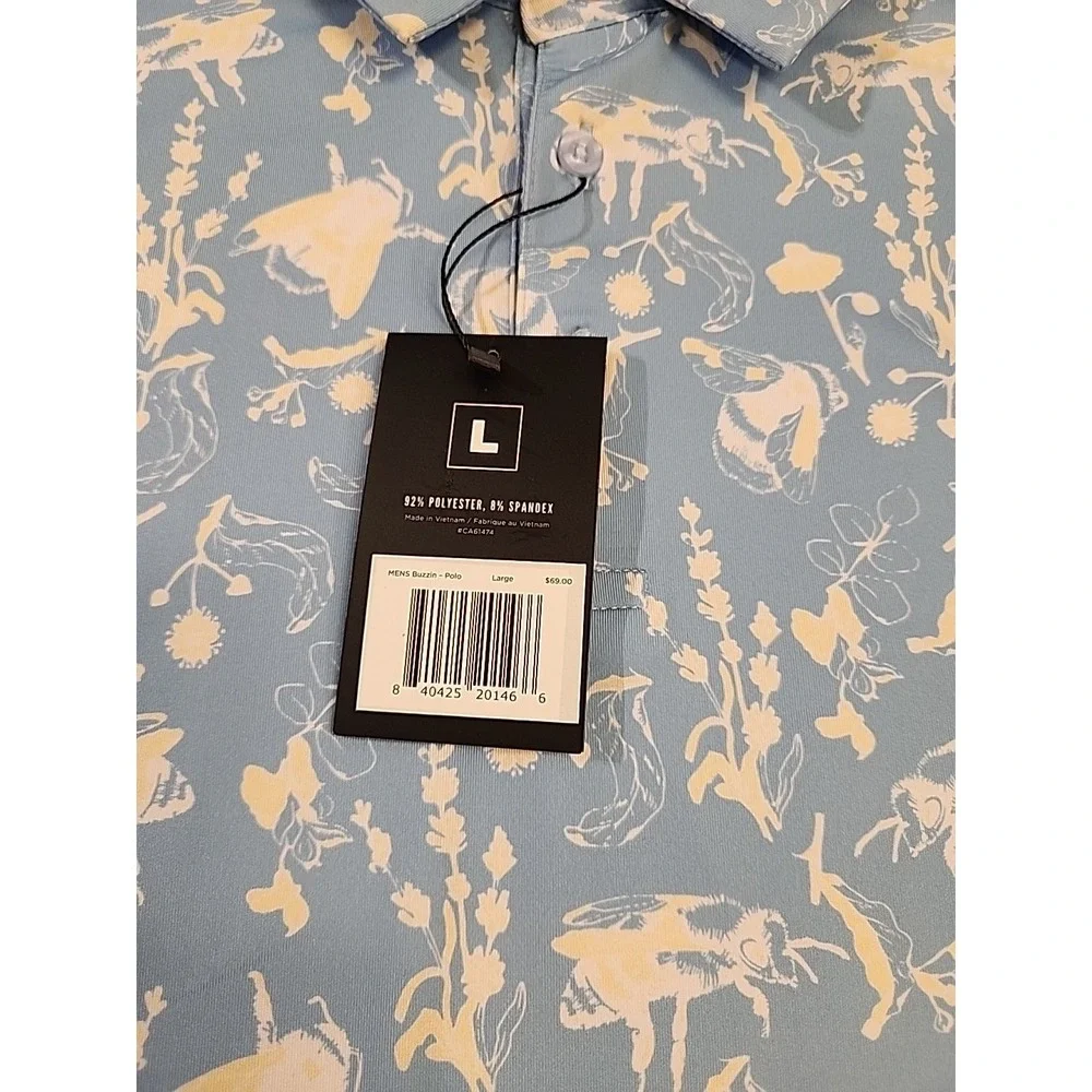 Waggle Buzzin Polo Shirt Mens Large Blue Bee Floral Print Performance Stretch - Picture 2 of 4